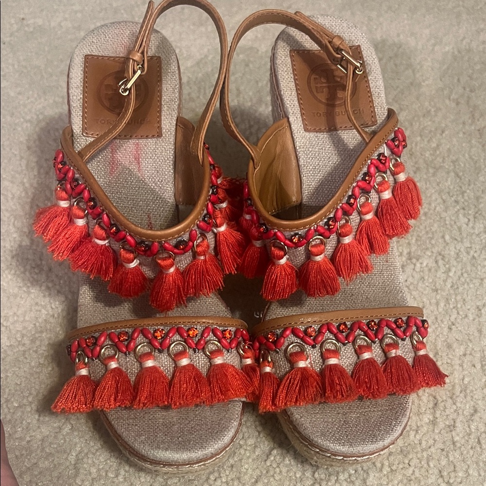 Tory Burch Coral Red Tassel Espadrille Wedge Sandals Size 8